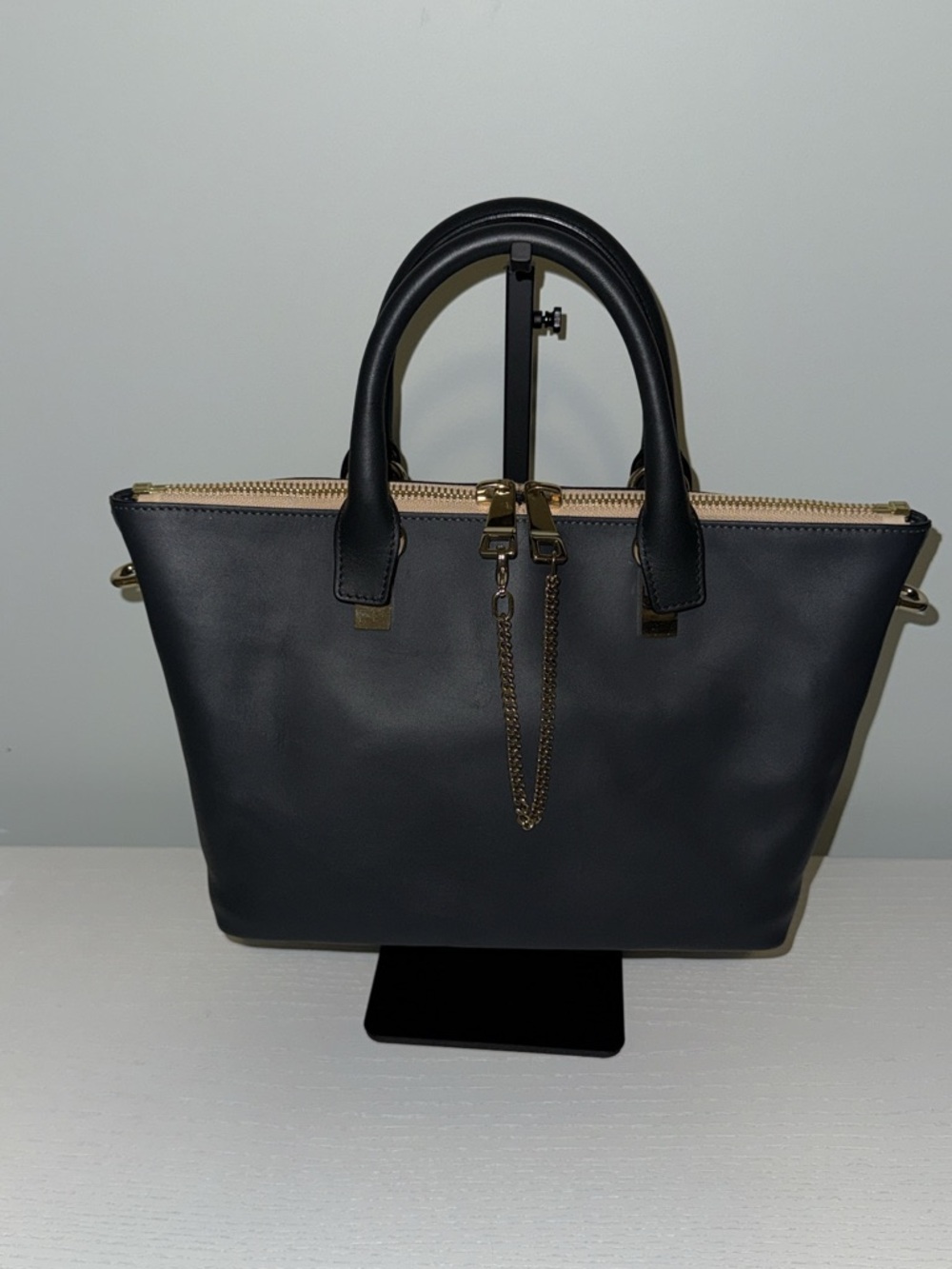 Chloé Baylee 2-Way Tote Black/Cream with Gold Chain Accent